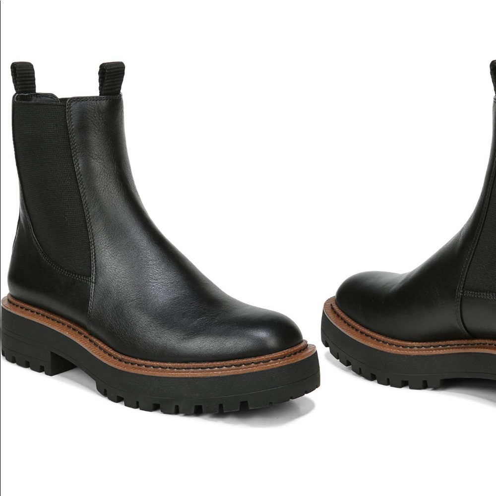 Sam Edelman Black Leather Chelsea Lug Booties with Brown Welt